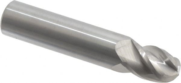 Accupro - 15/32" Diam, 5/8" LOC, 4 Flute Solid Carbide Ball End Mill - Uncoated, Single End, 2-1/2" OAL, 1/2" Shank Diam, Spiral Flute - Benchmark Tooling