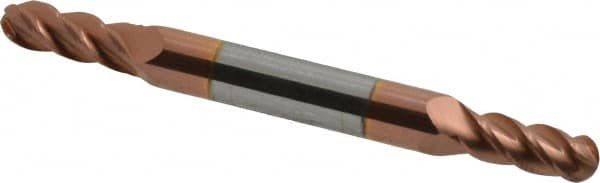 Accupro - 13/64" Diam, 1/2" LOC, 4 Flute Solid Carbide Ball End Mill - TiCN Finish, Double End, 2-1/2" OAL, 1/4" Shank Diam, Spiral Flute - Benchmark Tooling