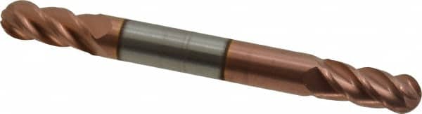 Accupro - 15/64" Diam, 1/2" LOC, 4 Flute Solid Carbide Ball End Mill - TiCN Finish, Double End, 2-1/2" OAL, 1/4" Shank Diam, Spiral Flute - Benchmark Tooling