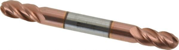 Accupro - 1/4" Diam, 1/2" LOC, 4 Flute Solid Carbide Ball End Mill - TiCN Finish, Double End, 2-1/2" OAL, 1/4" Shank Diam, Spiral Flute - Benchmark Tooling