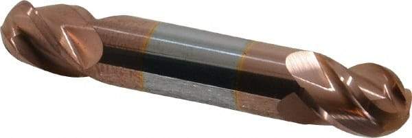 Accupro - 1/2" Diam, 5/8" LOC, 4 Flute Solid Carbide Ball End Mill - TiCN Finish, Double End, 3" OAL, 1/2" Shank Diam, Spiral Flute - Benchmark Tooling