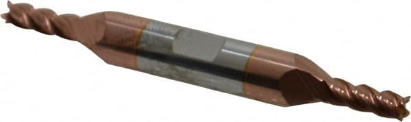 Accupro - 3/16", 1/2" LOC, 3/8" Shank Diam, 3" OAL, 4 Flute, Solid Carbide Square End Mill - Double End, TiCN Finish, Spiral Flute, 40° Helix, Centercutting, Right Hand Cut, Right Hand Flute - Benchmark Tooling