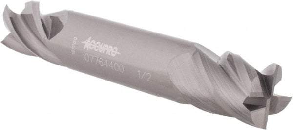 Accupro - 1/2", 5/8" LOC, 1/2" Shank Diam, 3" OAL, 4 Flute, Solid Carbide Square End Mill - Double End, Uncoated, Spiral Flute, 40° Helix, Centercutting, Right Hand Cut, Right Hand Flute - Benchmark Tooling