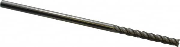 Accupro - 1/8", 1" LOC, 1/8" Shank Diam, 3" OAL, 4 Flute, Solid Carbide Square End Mill - Single End, Uncoated, Spiral Flute, 40° Helix, Centercutting, Right Hand Cut, Right Hand Flute - Benchmark Tooling