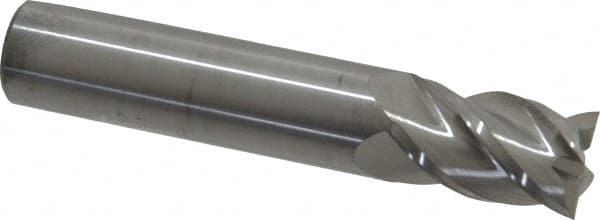 Accupro - 9/16", 7/8" LOC, 9/16" Shank Diam, 3" OAL, 4 Flute, Solid Carbide Square End Mill - Single End, Uncoated, Spiral Flute, 40° Helix, Centercutting, Right Hand Cut, Right Hand Flute - Benchmark Tooling