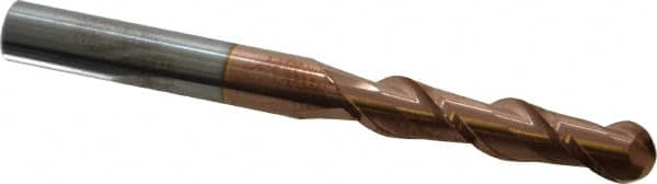 Accupro - 3/8" Diam, 1-3/4" LOC, 2 Flute Solid Carbide Ball End Mill - TiCN Finish, Single End, 4" OAL, 3/8" Shank Diam, Spiral Flute - Benchmark Tooling