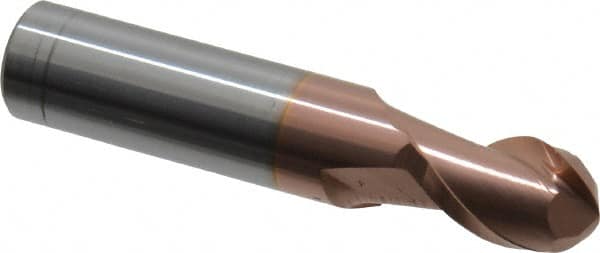 Accupro - 29/64" Diam, 5/8" LOC, 2 Flute Solid Carbide Ball End Mill - TiCN Finish, Single End, 2-1/2" OAL, 1/2" Shank Diam, Spiral Flute - Benchmark Tooling