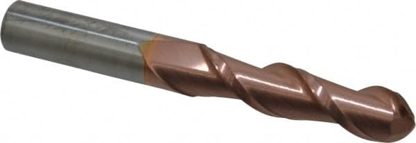 Accupro - 1/2" Diam, 2" LOC, 2 Flute Solid Carbide Ball End Mill - TiCN Finish, Single End, 4" OAL, 1/2" Shank Diam, Spiral Flute - Benchmark Tooling