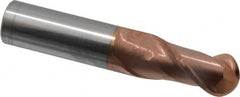 Accupro - 1/2" Diam, 1" LOC, 2 Flute Solid Carbide Ball End Mill - TiCN Finish, Single End, 3" OAL, 1/2" Shank Diam, Spiral Flute - Benchmark Tooling