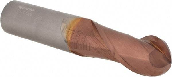 Accupro - 1" Diam, 2-1/4" LOC, 2 Flute Solid Carbide Ball End Mill - TiCN Finish, Single End, 5" OAL, 1" Shank Diam, Spiral Flute - Benchmark Tooling