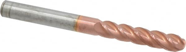 Accupro - 3/8" Diam, 1-3/4" LOC, 4 Flute Solid Carbide Ball End Mill - TiCN Finish, Single End, 4" OAL, 3/8" Shank Diam, Spiral Flute - Benchmark Tooling