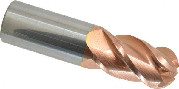 Accupro - 1" Diam, 1-3/4" LOC, 4 Flute Solid Carbide Ball End Mill - TiCN Finish, Single End, 4" OAL, 1" Shank Diam, Spiral Flute - Benchmark Tooling