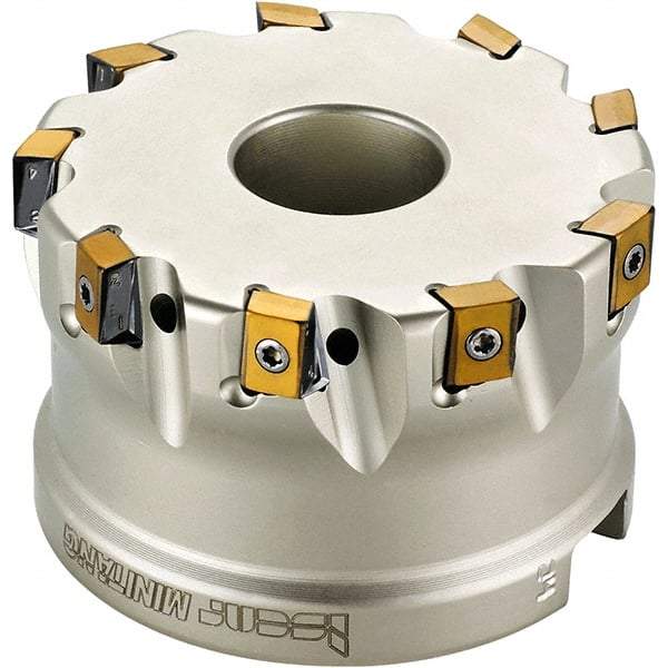 Iscar - 13 Inserts, 4" Cut Diam, 1-1/2" Arbor Diam, 0.492" Max Depth of Cut, Indexable Square-Shoulder Face Mill - 0/90° Lead Angle, 2" High, T490 LN.T 1306 Insert Compatibility, Through Coolant, Series Helitang - Benchmark Tooling