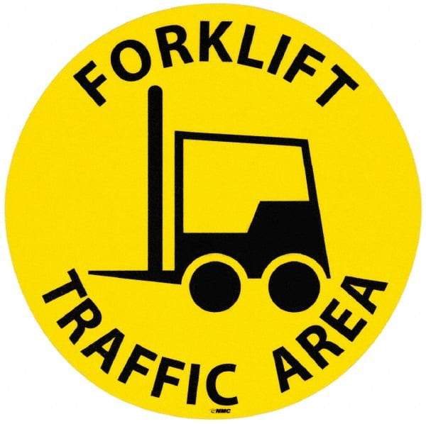 NMC - Forklift Traffic Area, Anti-Skid Pressure-Sensitive Vinyl Floor Sign - Round, Black on Yellow, Adhesive Backed, For Accident Prevention - Benchmark Tooling