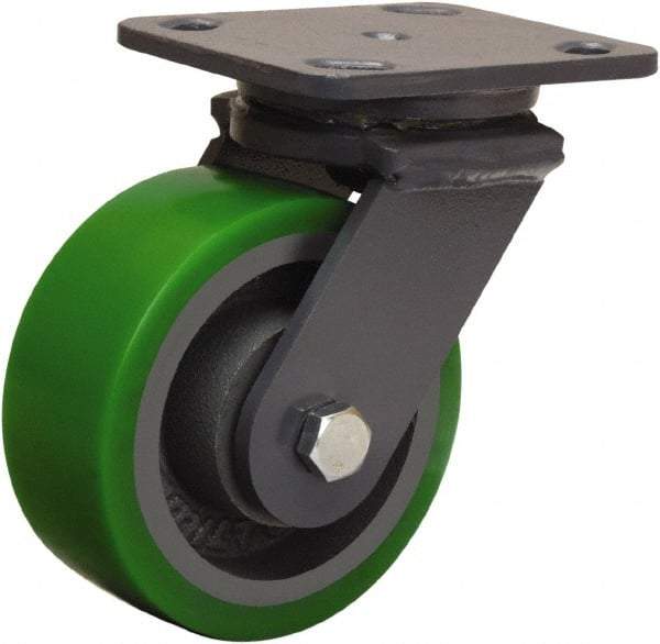 Hamilton - 5" Diam x 2" Wide x 6-1/2" OAH Top Plate Mount Swivel Caster - Polyurethane Mold onto Cast Iron Center, 1,050 Lb Capacity, Tapered Roller Bearing, 4 x 5" Plate - Benchmark Tooling