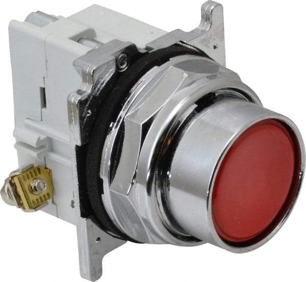 Eaton Cutler-Hammer - 30-1/2mm Mount Hole, Flush, Pushbutton Switch with Contact Block - Round, Red Pushbutton, Nonilluminated, Momentary (MO), Corrosion Resistant, Oiltight and Watertight - Benchmark Tooling