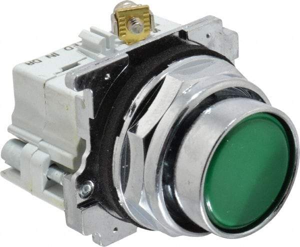 Eaton Cutler-Hammer - 30-1/2mm Mount Hole, Flush, Pushbutton Switch with Contact Block - Round, Green Pushbutton, Nonilluminated, Momentary (MO), Corrosion Resistant, Oiltight and Watertight - Benchmark Tooling