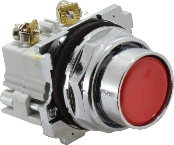 Eaton Cutler-Hammer - 30-1/2mm Mount Hole, Flush, Pushbutton Switch with Contact Block - Round, Red Pushbutton, Nonilluminated, Momentary (MO), Corrosion Resistant, Oiltight and Watertight - Benchmark Tooling