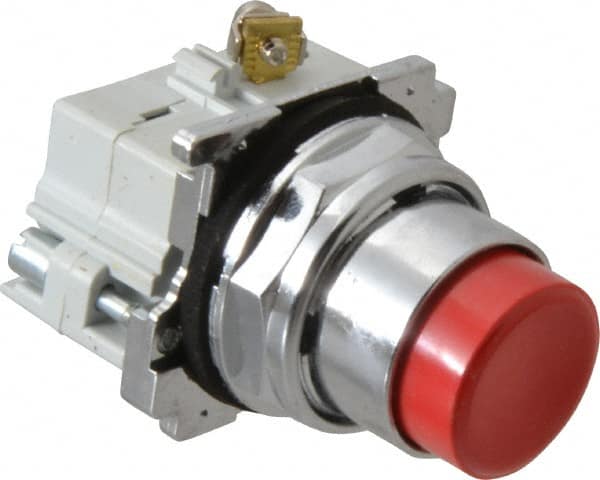 Eaton Cutler-Hammer - 30-1/2mm Mount Hole, Extended Straight, Pushbutton Switch with Contact Block - Round, Red Pushbutton, Nonilluminated, Momentary (MO), Corrosion Resistant, Oiltight and Watertight - Benchmark Tooling