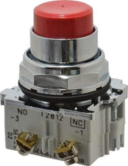 Eaton Cutler-Hammer - 30-1/2mm Mount Hole, Extended Straight, Pushbutton Switch with Contact Block - Round, Red Pushbutton, Nonilluminated, Momentary (MO), Corrosion Resistant, Oiltight and Watertight - Benchmark Tooling