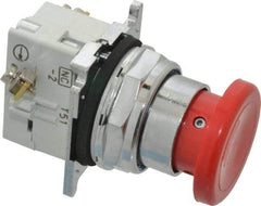 Eaton Cutler-Hammer - 30-1/2mm Mount Hole, Extended Mushroom Head, Pushbutton Switch with Contact Block - Round, Red Pushbutton, Nonilluminated, Momentary (MO), Corrosion Resistant, Oiltight and Watertight - Benchmark Tooling