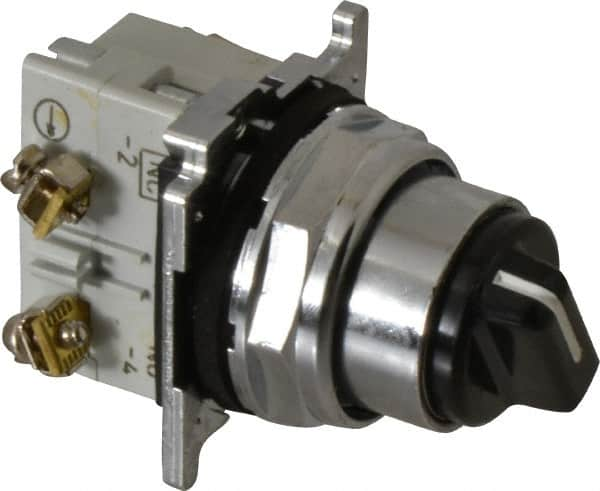 Eaton Cutler-Hammer - 30-1/2mm Mount Hole, 2 Position, Knob Operated, Selector Switch with Contact Blocks - Black, Maintained (MA), Nonilluminated, 1 Contact Block, NO/NC, Oil and Watertight - Benchmark Tooling