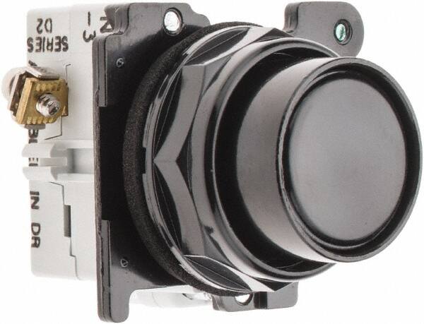 Eaton Cutler-Hammer - 30-1/2mm Mount Hole, Flush, Pushbutton Switch with Contact Block - Round, Black Pushbutton, Nonilluminated, Momentary (MO), Corrosion Resistant, Oiltight and Watertight - Benchmark Tooling