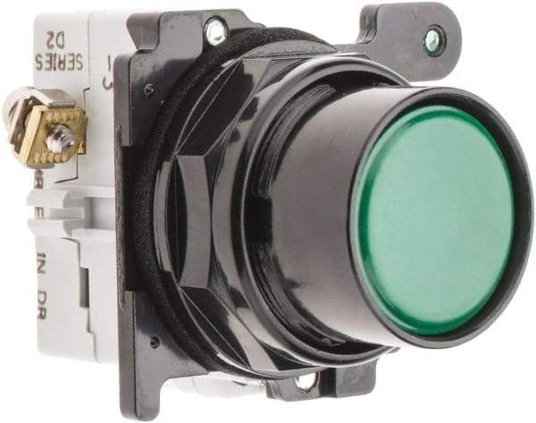 Eaton Cutler-Hammer - 30-1/2mm Mount Hole, Flush, Pushbutton Switch with Contact Block - Round, Green Pushbutton, Nonilluminated, Momentary (MO), Corrosion Resistant, Oiltight and Watertight - Benchmark Tooling