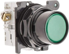 Eaton Cutler-Hammer - 30-1/2mm Mount Hole, Flush, Pushbutton Switch with Contact Block - Round, Green Pushbutton, Nonilluminated, Momentary (MO), Corrosion Resistant, Oiltight and Watertight - Benchmark Tooling