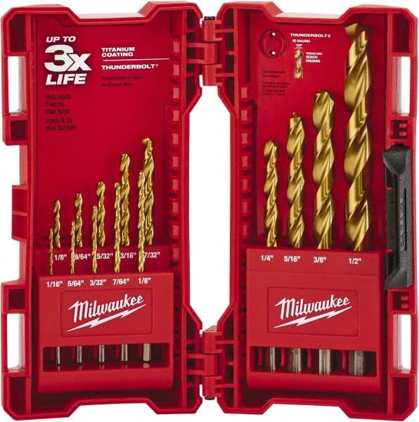 Drill Bit Set: Maintenance Length Drill Bits, 0.0625″ to 0.5″ Drill Bit Size, 135 °, High Speed Steel TiN