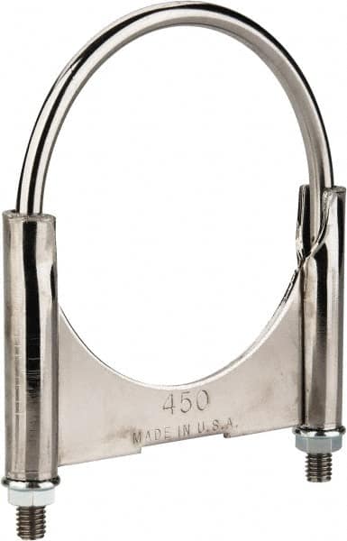 Made in USA - 3/8-16 UNC, Round U Bolt Clamp with Clamping/Guillotine Mount for 4-1/2" Pipe - 1-1/2" Thread Length, 5" Wide, Grade C-1018, Grade 2 (Nut) Steel - Benchmark Tooling