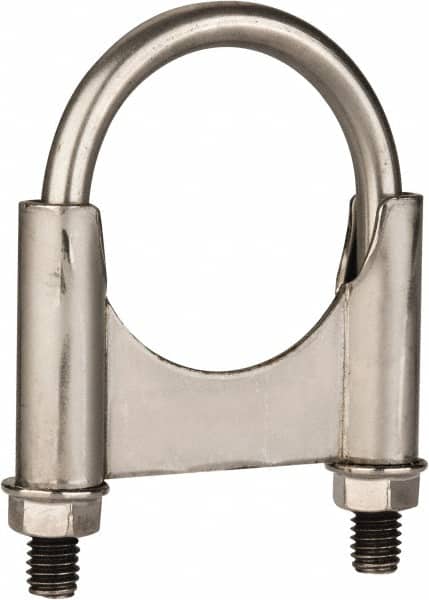 Made in USA - 3/8-16 UNC, Round U Bolt Clamp with Clamping/Guillotine Mount for 2" Pipe - 1-1/2" Thread Length, 2-1/2" Wide, Grade 304, Grade 2 (Nut) Stainless Steel - Benchmark Tooling