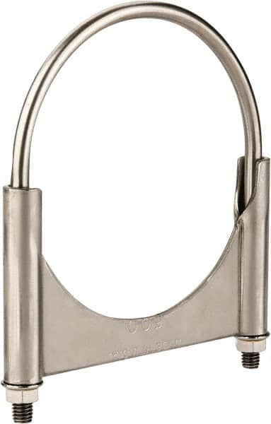 Made in USA - 3/8-16 UNC, Round U Bolt Clamp with Clamping/Guillotine Mount for 5" Pipe - 1-1/2" Thread Length, 5-1/2" Wide, Grade 304, Grade 2 (Nut) Stainless Steel - Benchmark Tooling