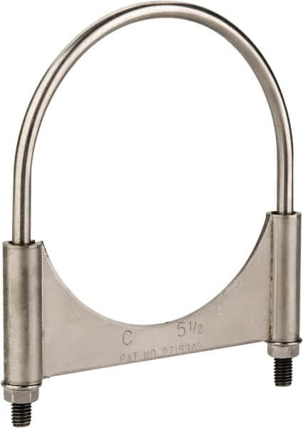 Made in USA - 3/8-16 UNC, Round U Bolt Clamp with Clamping/Guillotine Mount for 5-1/2" Pipe - 1-1/2" Thread Length, 6" Wide, Grade 304, Grade 2 (Nut) Stainless Steel - Benchmark Tooling