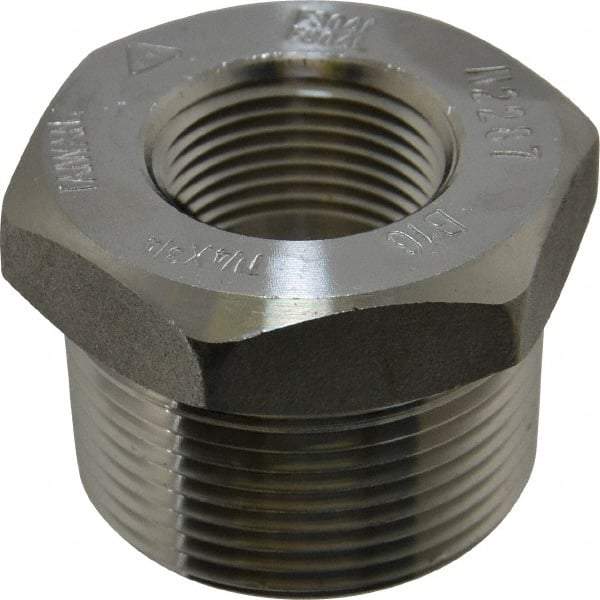 Merit Brass - 1-1/4 x 3/4" Grade 304/304L Stainless Steel Pipe Hex Bushing - MNPT x FNPT End Connections, 3,000 psi - Benchmark Tooling