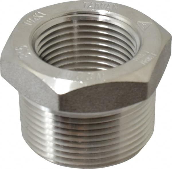 Merit Brass - 1-1/4 x 1" Grade 304/304L Stainless Steel Pipe Hex Bushing - MNPT x FNPT End Connections, 3,000 psi - Benchmark Tooling