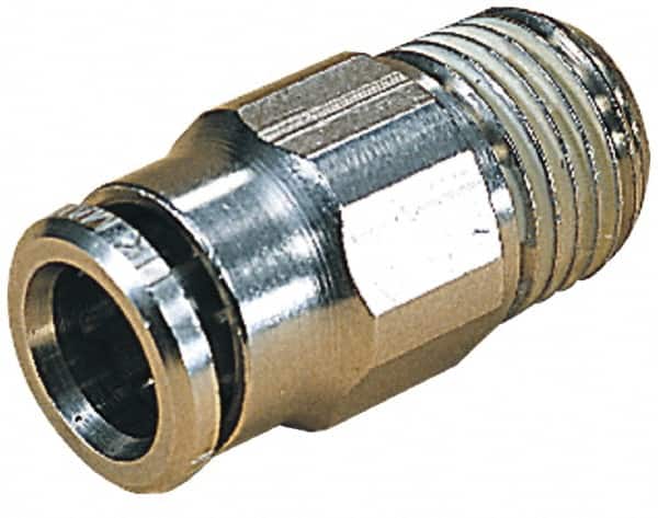 Norgren - 12mm Outside Diam, 1/2 NPTF, Nickel Plated Brass Push-to-Connect Tube Male Connector - 260 Max psi, Tube to Male NPT Connection, Nitrile O-Ring - Benchmark Tooling