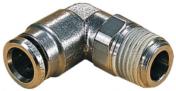 Norgren - 14mm Outside Diam, 3/8 BSPT, Nickel Plated Brass Push-to-Connect Tube Male Swivel Elbow - 260 Max psi, Tube to Male BSPT Connection, Nitrile O-Ring - Benchmark Tooling