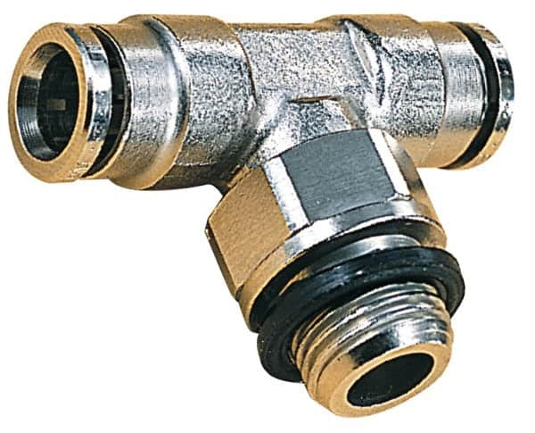 Norgren - 4mm Outside Diam, M5x0.8 Metric, Nickel Plated Brass Push-to-Connect Tube Male Swivel Branch Tee - 260 Max psi, Tube to Metric Thread Connection, Nitrile O-Ring - Benchmark Tooling