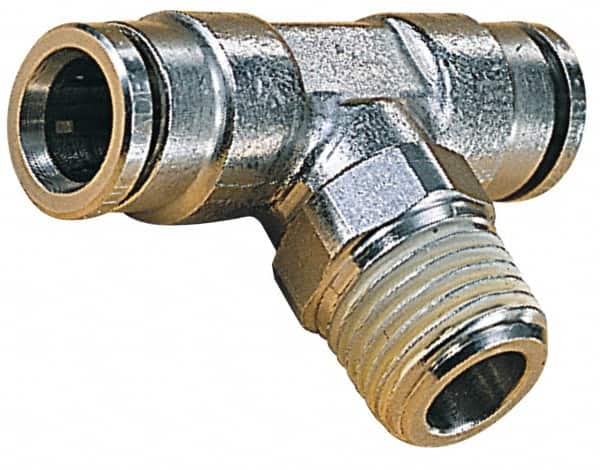Norgren - 8mm Outside Diam, 1/8 BSPT, Nickel Plated Brass Push-to-Connect Tube Male Swivel Branch Tee - 260 Max psi, Tube to Male BSPT Connection, Nitrile O-Ring - Benchmark Tooling
