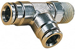 Norgren - 8mm Outside Diam, 3/8 BSPT, Nickel Plated Brass Push-to-Connect Tube Male Swivel Run Tee - 260 Max psi, Tube to Male BSPT Connection, Nitrile O-Ring - Benchmark Tooling