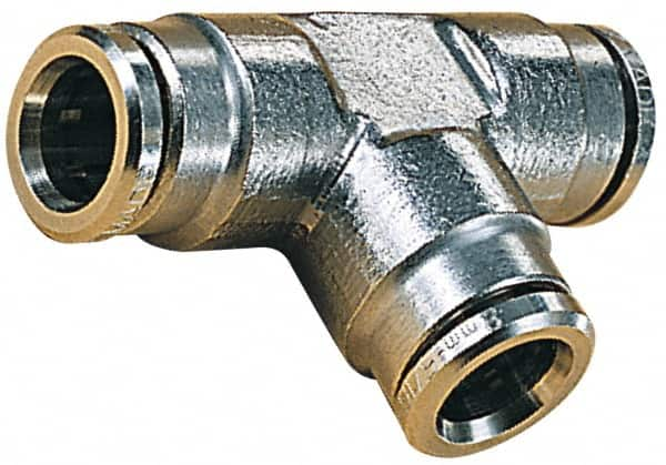 Norgren - 14mm Outside Diam, Nickel Plated Brass Push-to-Connect Tube Union Tee - 260 Max psi, Tube to Tube Connection, Nitrile O-Ring - Benchmark Tooling