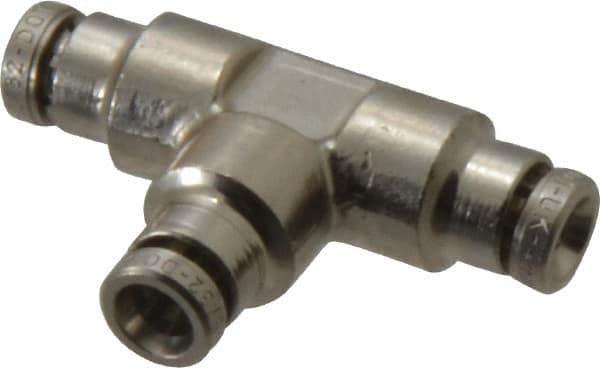 Norgren - 4mm Outside Diam, Nickel Plated Brass Push-to-Connect Tube Union Tee - 260 Max psi, Tube to Tube Connection, Nitrile O-Ring - Benchmark Tooling