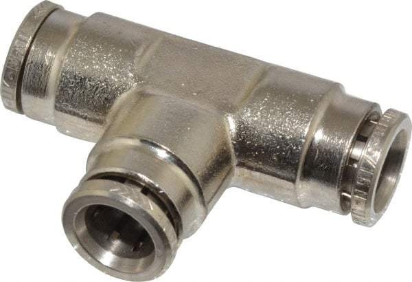 Norgren - 8mm Outside Diam, Nickel Plated Brass Push-to-Connect Tube Union Tee - 260 Max psi, Tube to Tube Connection, Nitrile O-Ring - Benchmark Tooling