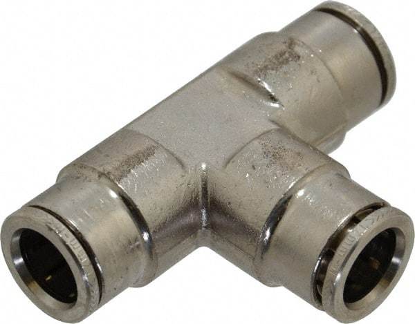 Norgren - 12mm Outside Diam, Nickel Plated Brass Push-to-Connect Tube Union Tee - 260 Max psi, Tube to Tube Connection, Nitrile O-Ring - Benchmark Tooling