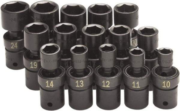 SK - 15 Piece 1/2" Drive Standard Impact Socket Set - 6 Points, 10 to 24mm, Metric Measurement Standard - Benchmark Tooling