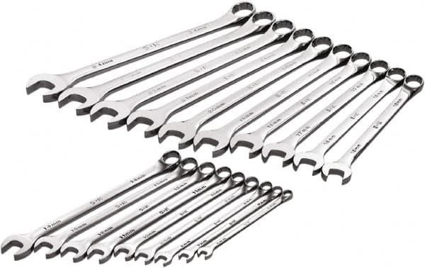 SK - 19 Piece, 6mm to 24mm, 12 Point Combination Wrench Set - Metric Measurement Standard, Full Polish Chrome Finish, Comes in Roll-Up Pouch - Benchmark Tooling