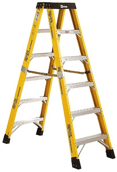 Made in USA - 5 Steps, 12 Ft. High, Type IAA Rating, Fiberglass Step Ladder - Benchmark Tooling