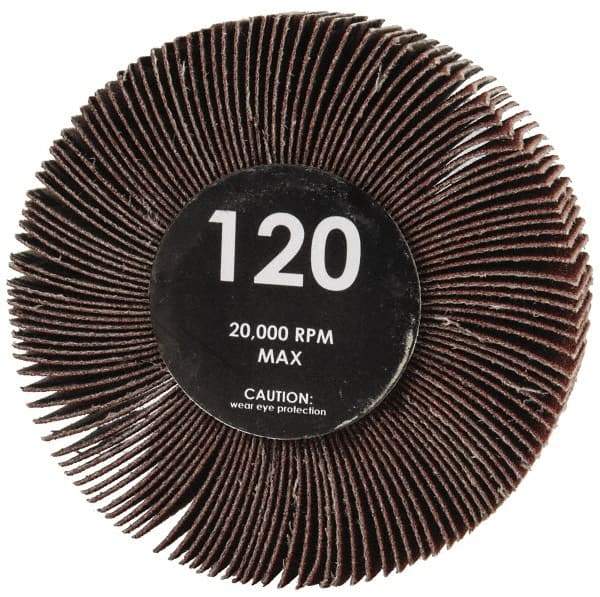 Value Collection - 3" Diam x 1" Face Width, Fine Aluminum Oxide Coated Mounted Flap Wheel - 1/4" Shank Mount, 120 Grit, Cloth Backing, 23,800 Max RPM - Benchmark Tooling