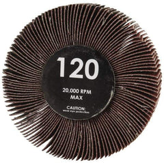 Value Collection - 3" Diam x 1" Face Width, Fine Aluminum Oxide Coated Mounted Flap Wheel - 1/4" Shank Mount, 120 Grit, Cloth Backing, 23,800 Max RPM - Benchmark Tooling